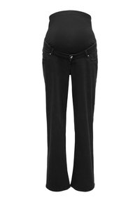 Sorte graviditetsjeans med elastisk talje, designet til at sidde over en gravid mave, med forlommer og knaplukning.