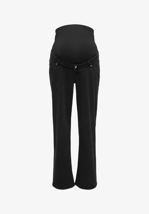 Svarte graviditetsjeans med elastisk midjebånd designet for å passe over en gravid mage, med frontlommer og knappestenging.