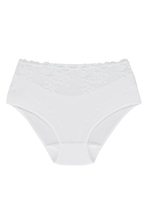 Białe majtki z wysokim stanem, ozdobione koronkowym wykończeniem na pasie, z gładkim bawełnianym ciałem i klasycznym krojem fig.