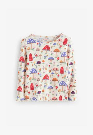 Tricou cu mânecă lungă din material cu textura în forme de nervuri, având imprimeuri colorate cu ciuperci și flori pe un fundal crem. Guler rotund și mâneci tivite.
