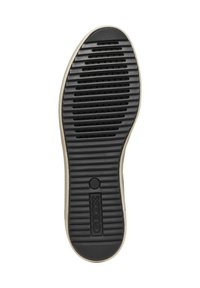 Sole in gomma nera con texture, dotata di scanalature e fori di ventilazione; bordo beige. Logo GEox impresso al centro della suola.