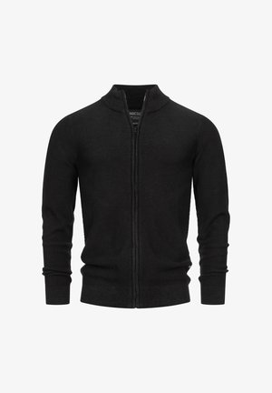 Zwarte rits cardigan met een gestructureerd breipatroon, voorzien van een hoge kraag en geribde cuffs. Gemaakt van zacht, duurzaam materiaal.