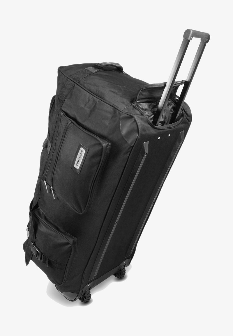 Schwarze Rolltasche aus strapazierfähigem Stoff mit mehreren Reißverschluss-Taschen, einem ausziehbaren Griff und stabilen Rollen für den Transport.