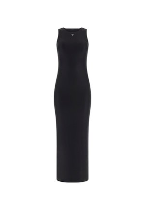Black sleeveless maxi dress with a form-fitting silhouette, made from a smooth fabric. Features a small logo detail at the neckline.
