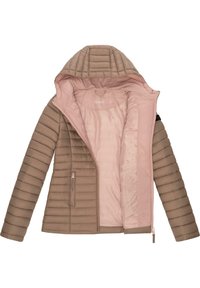 Doudoune marron avec capuche, dotée d'un intérieur rose clair, design matelassé horizontal, fermeture éclair et poches zippées sur les côtés.