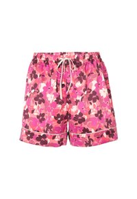 Shorts con motivo floreale nelle tonalità di rosa e viola scuro. Vita elastica con cordoncino, presenta un bordo bianco all'orlo. Materiale leggero.