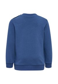 Niebieska bluza z okrągłym dekoltem, długimi rękawami, ribbowanymi mankietami i dołem, z guzikami na ramieniu, ułatwiającymi zakładanie. Miękka tekstura materiału.