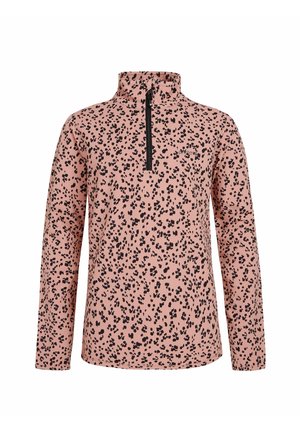 Pull à manches longues rose avec des taches léopard noires, demi-fermeture éclair à l'avant et col montant.