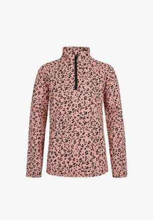 Pull à manches longues rose avec des taches léopard noires, demi-fermeture éclair à l'avant et col montant.