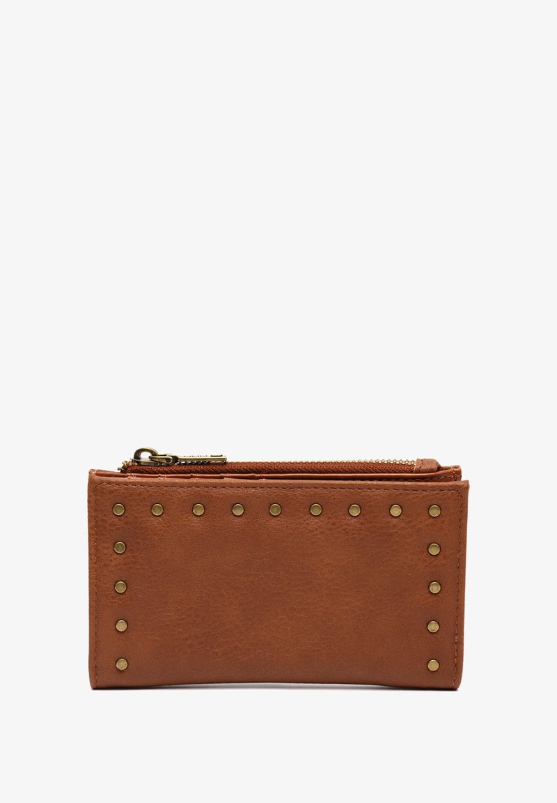 Brown leather wallet with a textured finish, zip closure, and decorative gold studs along one side. Compact rectangular shape.