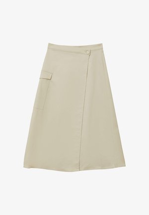 Jupe A-line beige en tissu lisse, dotée d'une poche latérale et d'une fermeture par bouton à l'avant. Design épuré avec un minimum de détails.