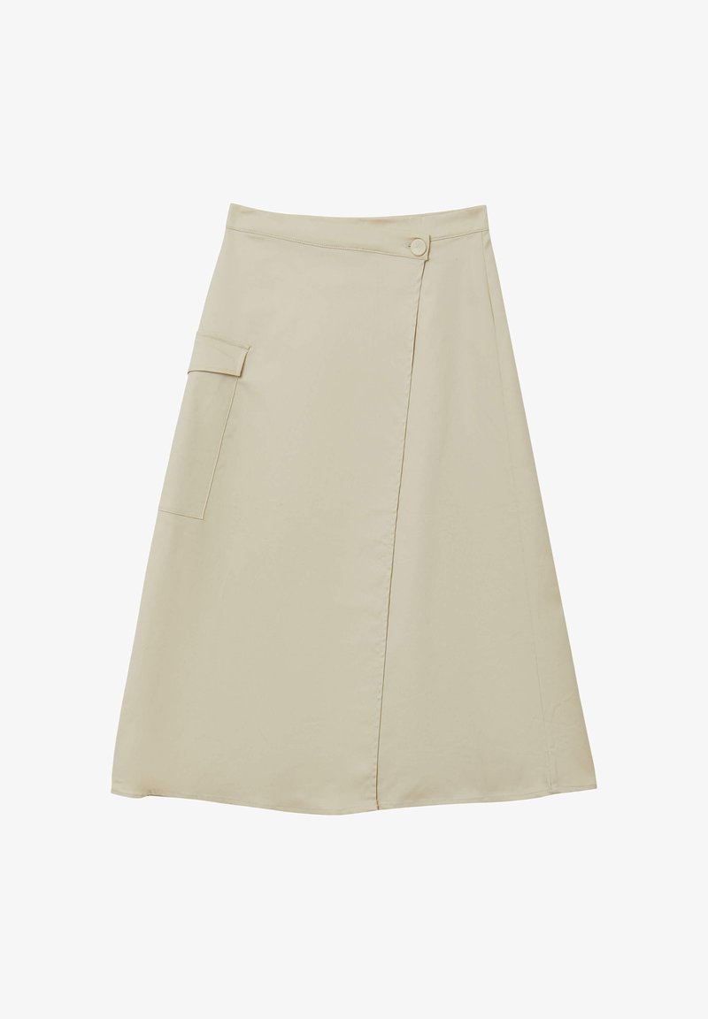 Gonna A-line beige realizzata in tessuto morbido, con una tasca laterale e chiusura frontale con bottoni. Design pulito con dettagli minimi.