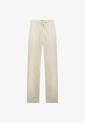 Beige straight-leg pants with elastic waistband and drawstring closure, made from a soft, lightweight fabric.