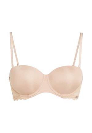 Beiger trägerloser gepolsterter BH mit abnehmbaren dünnen Schulterträgern und Spitzen-Details an den Seiten.