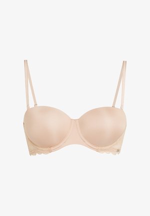 Beiger trägerloser gepolsterter BH mit abnehmbaren dünnen Schulterträgern und Spitzen-Details an den Seiten.