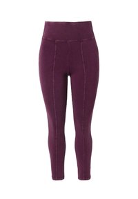 Leggings a vita alta di un profondo viola, realizzati in morbido materiale elasticizzato. Presentano dettagli delle cuciture lungo le gambe e una cintura liscia.