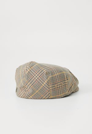 Casquette en tissu à carreaux présentant des motifs de jaune, marron et orange ; forme arrondie avec un détail bouton sur le côté.