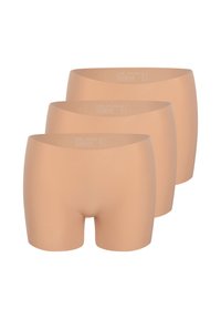 Drie paar huidskleurige, naadloze boyshorts gemaakt van rekbaar materiaal, met een brede tailleband en een gladde textuur.