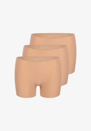 Tre paia di boyshorts color carne, senza cuciture, realizzati in materiale elasticizzato, con una cintura ampia e una texture liscia.