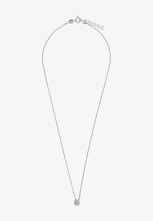 Silberne Halskette mit feiner Kette und einem runden Anhänger, der einen einzelnen klaren Stein zeigt. Die Kette besticht durch ihr minimalistisches Design und ihre glatte Oberfläche.