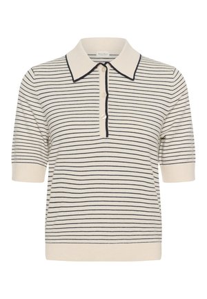 Polo en maille à manches courtes crème avec fines rayures horizontales noires et col à bordure noire contrastante ainsi que patte de boutonnage.
