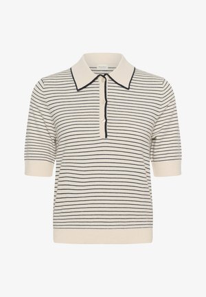 Polo de punto de manga corta color crema con finas rayas horizontales negras y cuello y tapeta de botones con ribete negro en contraste.