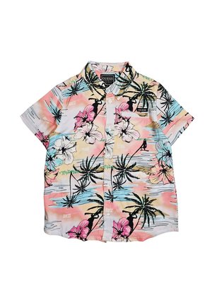 Camicia a maniche corte con bottoni, sfondo pastello rosa, blu e giallo, stampa floreale e di palme, con patch logo GUESS.