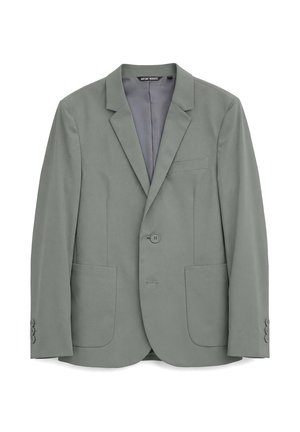 Herenblazer in saliegroen met één knoop, met ingezette revers, twee opgestikte zakken, één borstzak en knoopmanchetten, losgeknoopt en plat neergelegd.