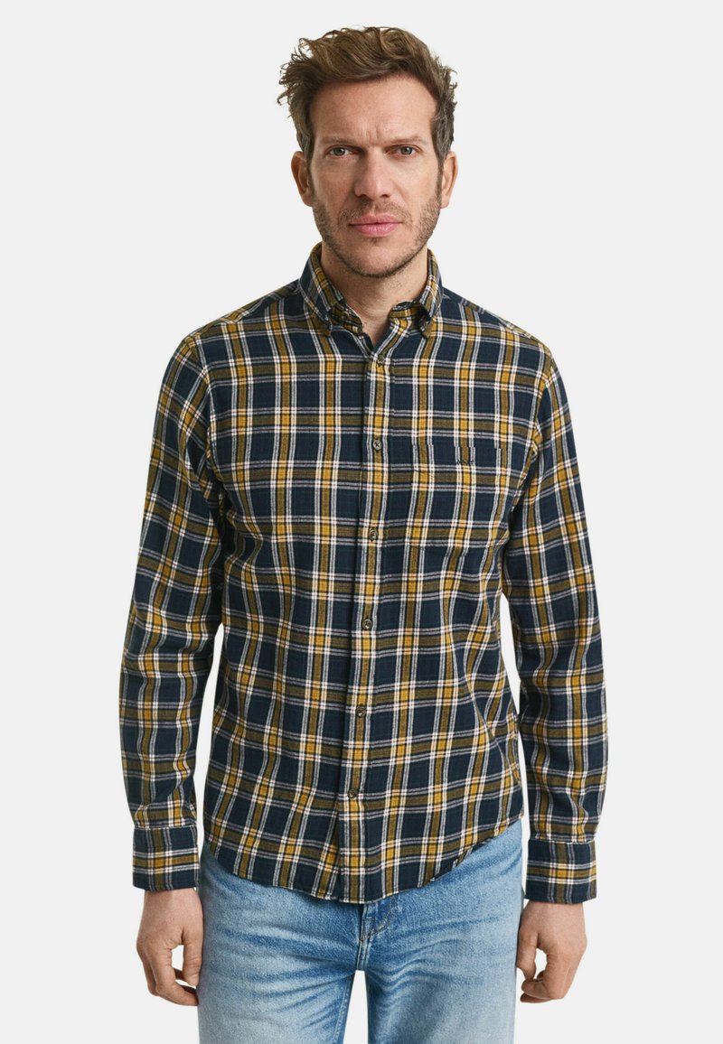 Marineblauw en gele geruite overhemd met een button-down kraag en een borstzak. Lange mouwen en een gebogen zoom, gemaakt van zachte, gestructureerde stof.