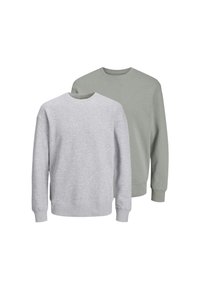 Zwei Rundhals-Sweatshirts: eines in hellgrau und eines in gedecktem Grün. Beide haben lange Ärmel, einen lockeren Schnitt sowie gerippte Bündchen und Saum.