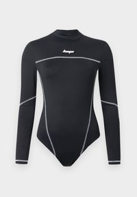 Body preto de manga longa feito de material elástico, com costura branca contrastante e um decote alto com um pequeno logótipo no peito.