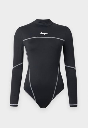 Body preto de manga longa feito de material elástico, com costura branca contrastante e um decote alto com um pequeno logótipo no peito.