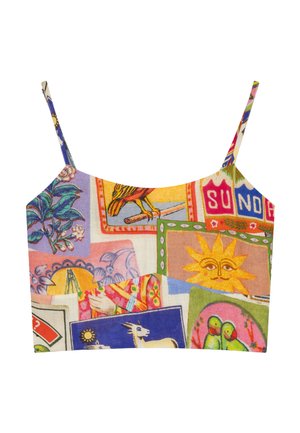 Crop top met kleurrijke patchworkprint met een zon met een gezicht, een vogel, bloemen, papegaaien en het woord "Sunday" op dunne bandjes.