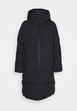 Black padded long coat with a hood, featuring a front zipper, wide sleeves, and horizontal quilted sections for insulation.