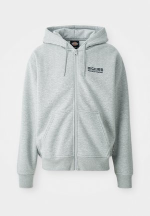 Gray zip-up hoodie made of soft fabric, featuring a kangaroo pocket, adjustable drawstring hood, and "Dickies Workwear Company" logo on the chest.