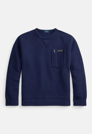 Marineblå fleece genser med rund hals, lange ermer, glidelåslomme på brystet og liten Polo Ralph Lauren-logo.
