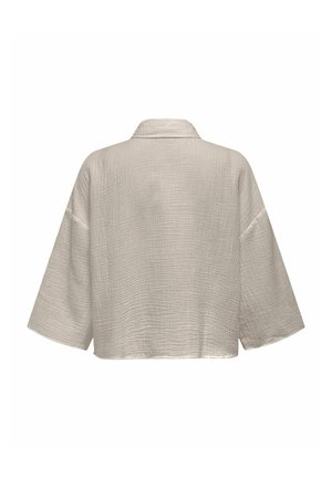 Lichtgrijze cropped jas van gestructureerde stof, met een schouderkraag en brede mouwen, die een subtiel rasterpatroon op het oppervlak laat zien.