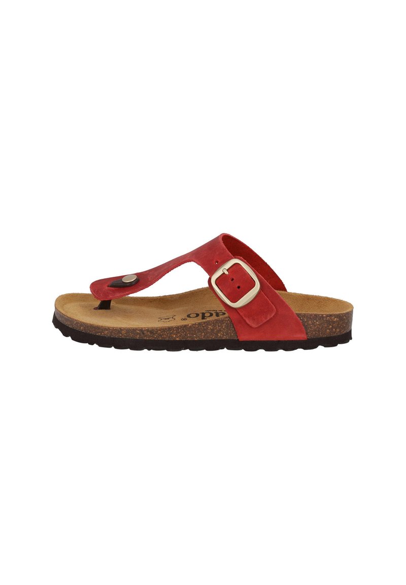 Sandal in suede rosso con flip-flop, plantare in sughero, fibbia regolabile e bottone decorativo in metallo, con suola in gomma testurizzata.