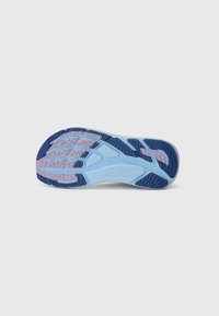 Shoe sole with a gradient of light blue to dark blue, textured rubber for grip, featuring pink accents and a distinctive tread pattern.