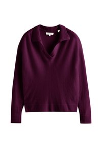 V-Ausschnitt-Pullover in Dunkellila, gestrickter Stoff, gerippter Kragen und Bündchen, lockere Passform und schlichtes Design ohne zusätzliche Verzierungen.