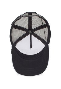 Gorra de béisbol negra con frente sólido, parte trasera de malla, visera plana y acentos blancos. Cuenta con correa ajustable para un mejor ajuste y banda interna para el sudor.