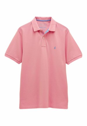 Korte mouwen polo shirt van lichtroze katoen, met een contrasterende blauwe kraag, een knoopsluiting met twee knopen, en een klein blauw logo op de borst.