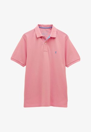 Korte mouwen polo shirt van lichtroze katoen, met een contrasterende blauwe kraag, een knoopsluiting met twee knopen, en een klein blauw logo op de borst.
