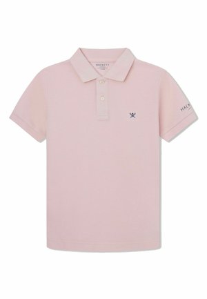 Polo rose clair à manches courtes avec deux boutons, petit logo bleu marine sur la poitrine et texte "Hackett London" sur la manche gauche.