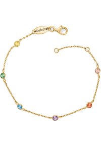 Gouden kettingarmband met zes gekleurde edelstenen: geel, groen, blauw, paars, oranje en roze. Sluiting met een kreeftsluiting.