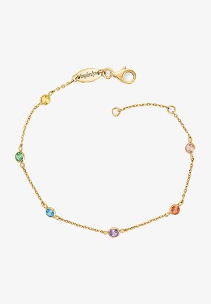 Bracciale in oro con sei pietre preziose colorate: giallo, verde, blu, viola, arancione e rosa. Chiusura con gancio a granchio.