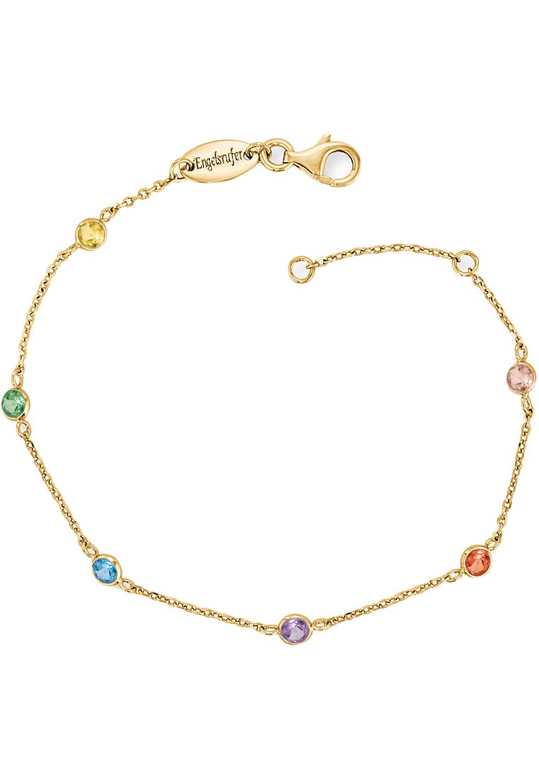 Gouden kettingarmband met zes gekleurde edelstenen: geel, groen, blauw, paars, oranje en roze. Sluiting met een kreeftsluiting.