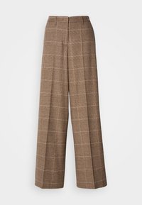 Bruine geruite wijde broek met een gestructureerde afwerking, met een hoge taille en twee achterzakken, ontworpen voor een losse pasvorm.
