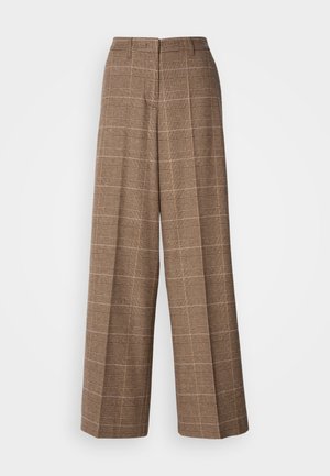 Braune karierte weit geschnittene Hose mit strukturiertem Finish, die eine hohe Taille und zwei Gesäßtaschen hat, maßgeschneidert für eine lockere Passform.