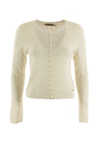 Cardigan crema con un motivo a diamante testurizzato, scollo rotondo e bottoni di perla lungo la parte anteriore. Maniche lunghe e design aderente.